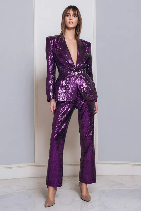 2 Piece Sequins Dark Purple Sparkly Women Prom Suits With Sleeves sold by Zapaka