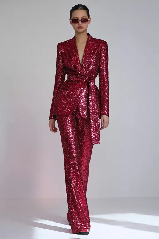Sparkly Red 2 Piece Women Prom Suits With Sash sold by Zapaka