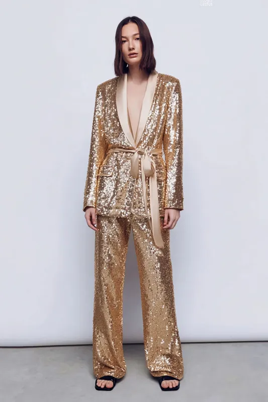 Sparkly Gold 2 Piece Women Prom Suits With Sash sold by Zapaka