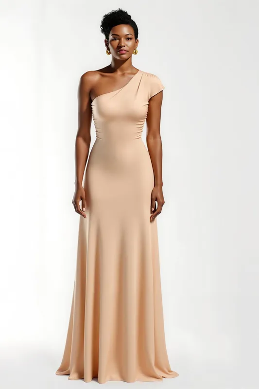 Champagne One Shoulder Sheath Long Bridesmaid Dress With Sleeves sold by Zapaka