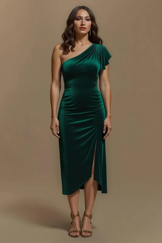 Dark Green Sheath Midi Velvet Holiday Party Dress With Sleeves sold by Zapaka