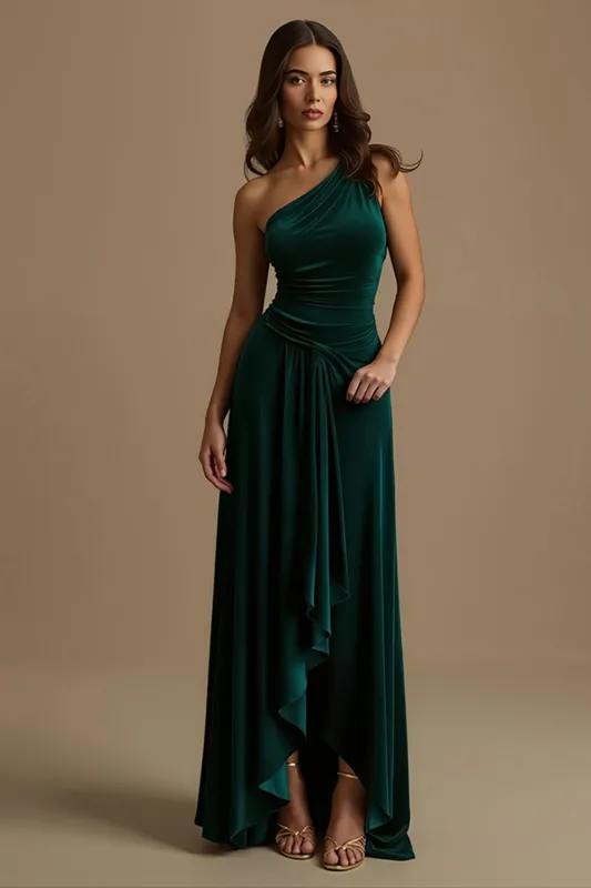 Dark Green One Shoulder High-Low Holiday Party Dress With Ruffles sold by Zapaka