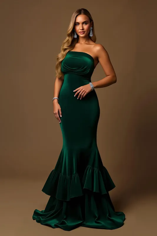 Dark Green Mermaid Tiered Strapless Long Holiday Party Dress sold by Zapaka