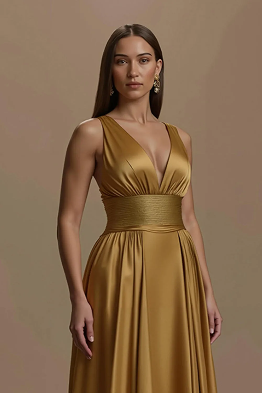 Golden V-Neck Satin Backless Long Holiday Party Dress sold by Zapaka product image thumbnail 3