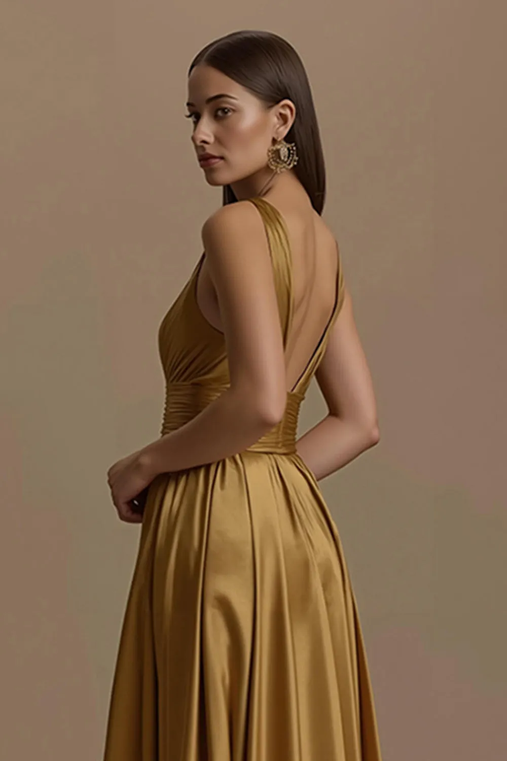 Golden V-Neck Satin Backless Long Holiday Party Dress sold by Zapaka product image thumbnail 4