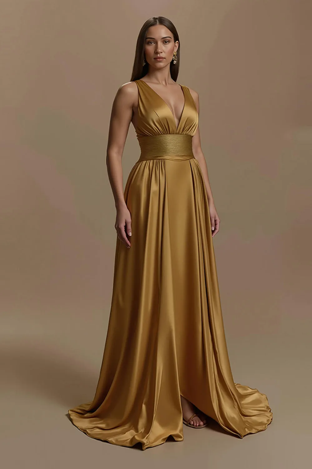 Golden V-Neck Satin Backless Long Holiday Party Dress sold by Zapaka