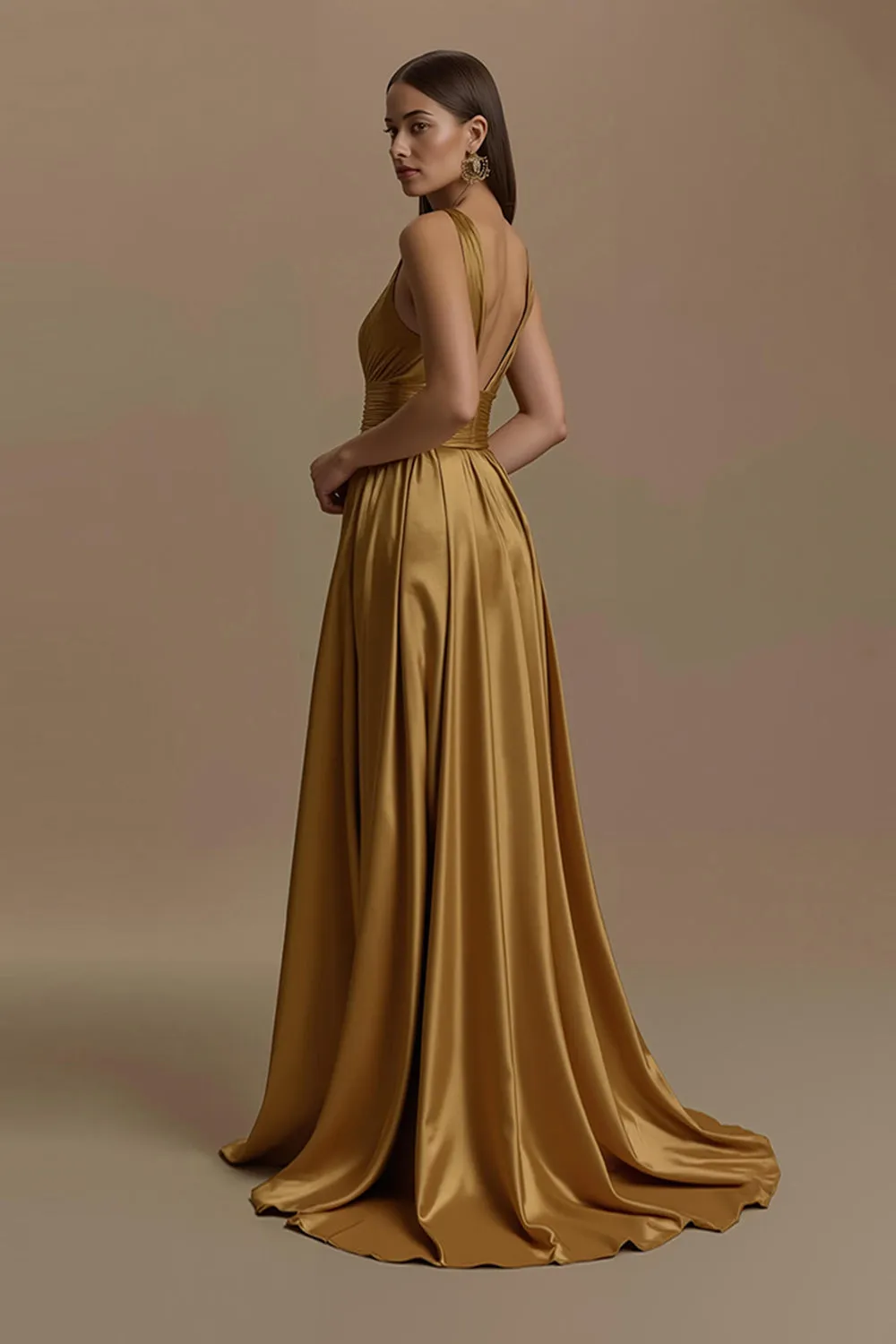 Golden V-Neck Satin Backless Long Holiday Party Dress sold by Zapaka product image thumbnail 2