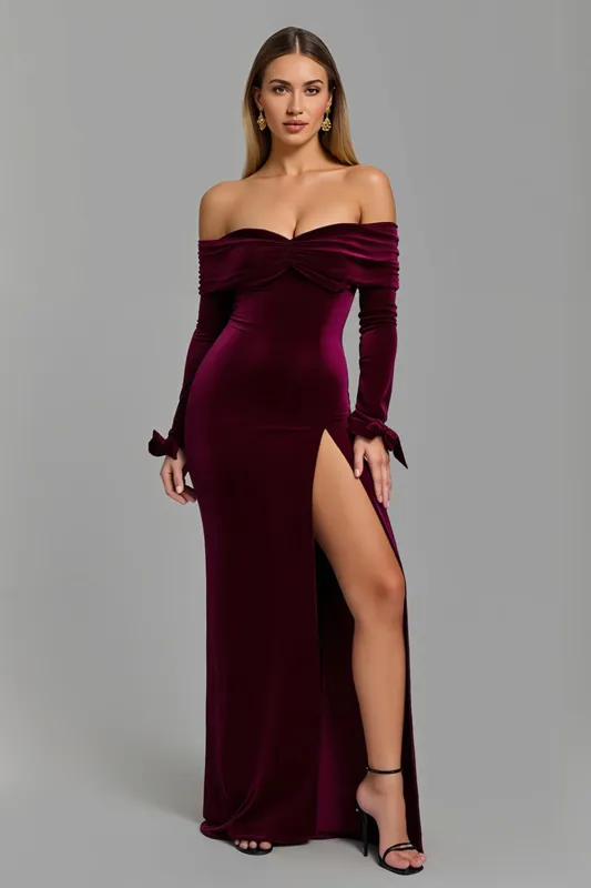 Burgundy Long Sleeves Off The Shoulder Holiday Party Dress With Slit sold by Zapaka