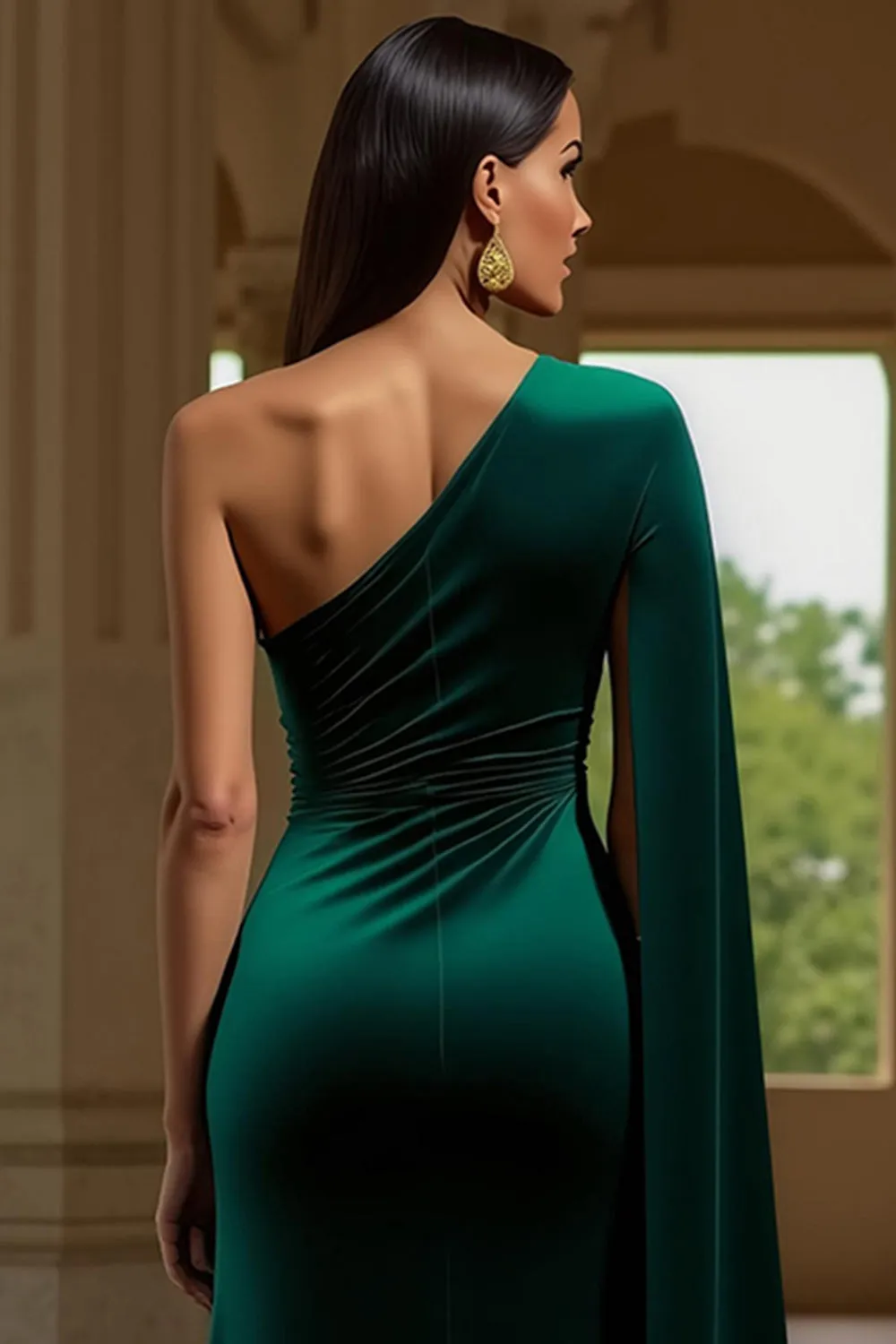 Dark Green Velvet One Shoulder Long Sleeve Holiday Party Dress With Slit sold by Zapaka product image thumbnail 4