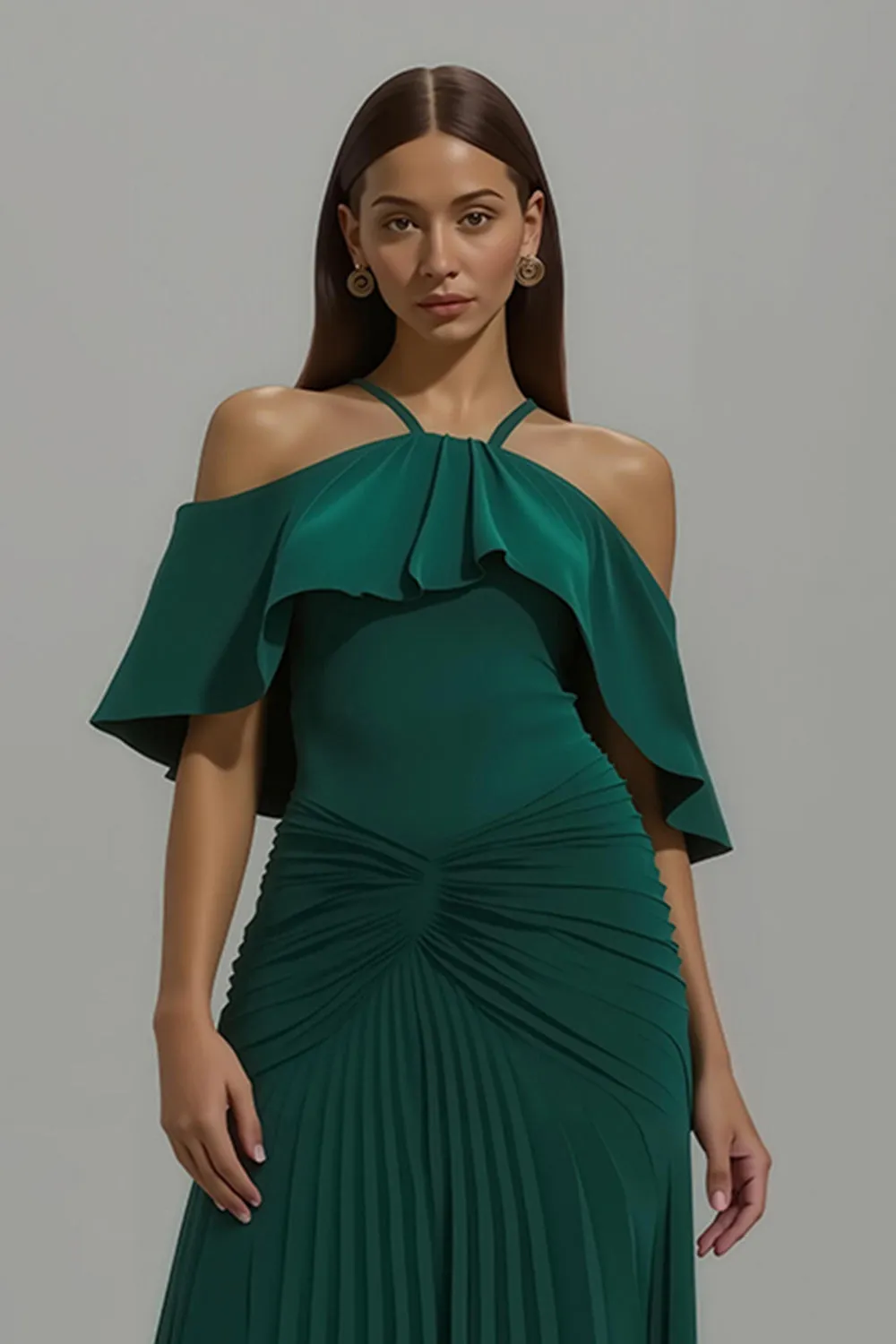 Dark Green Pleated Halter Long Holiday Party Dress With Ruffles sold by Zapaka product image thumbnail 3