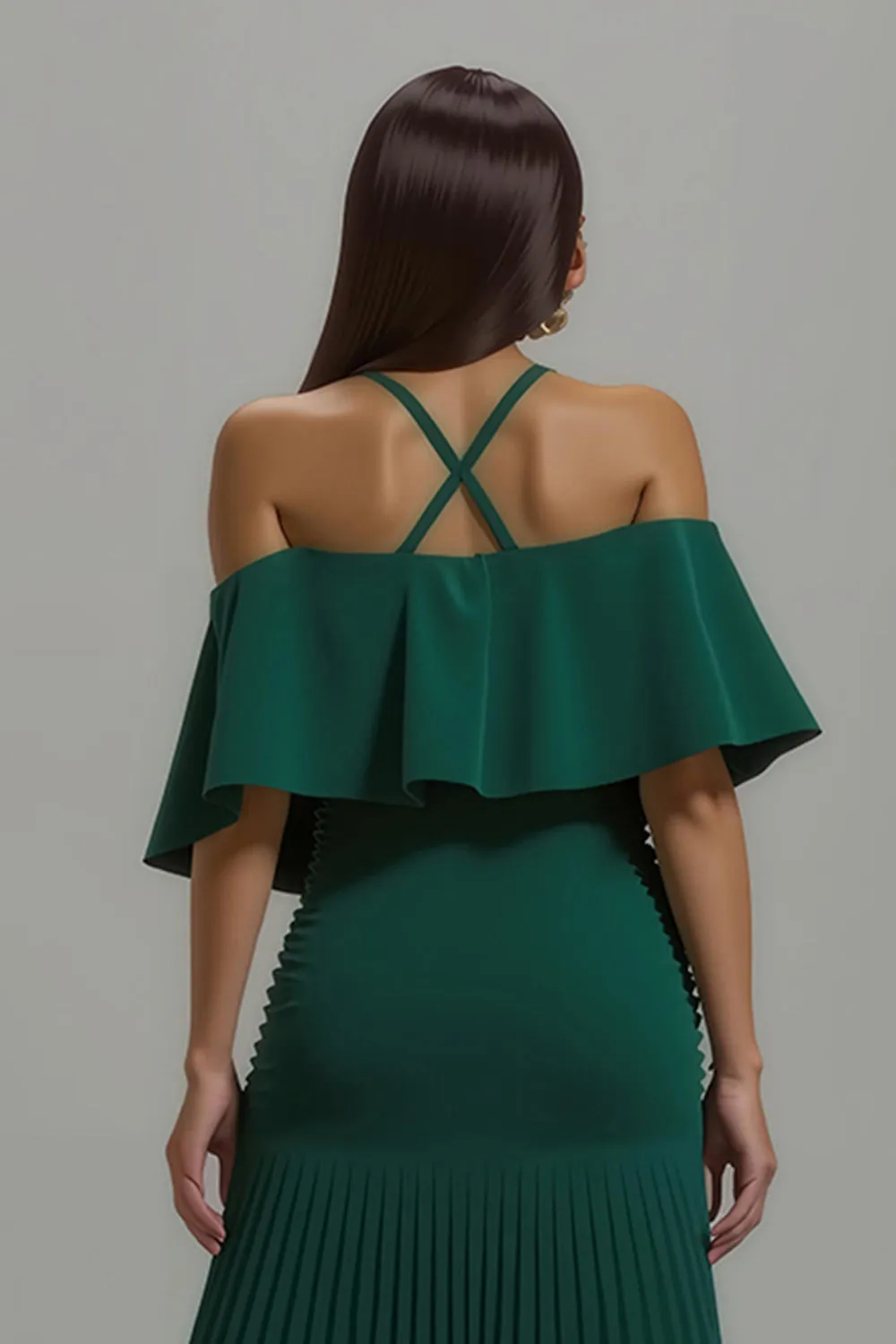 Dark Green Pleated Halter Long Holiday Party Dress With Ruffles sold by Zapaka product image thumbnail 4