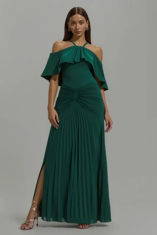 Dark Green Pleated Halter Long Holiday Party Dress With Ruffles sold by Zapaka
