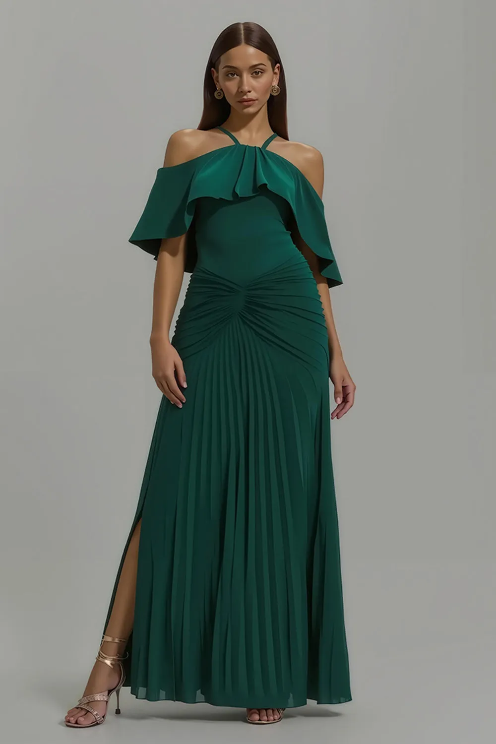 Dark Green Pleated Halter Long Holiday Party Dress With Ruffles sold by Zapaka