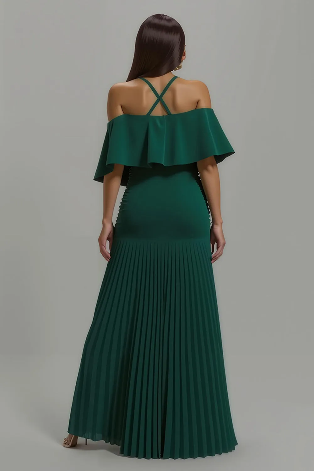 Dark Green Pleated Halter Long Holiday Party Dress With Ruffles sold by Zapaka product image thumbnail 2
