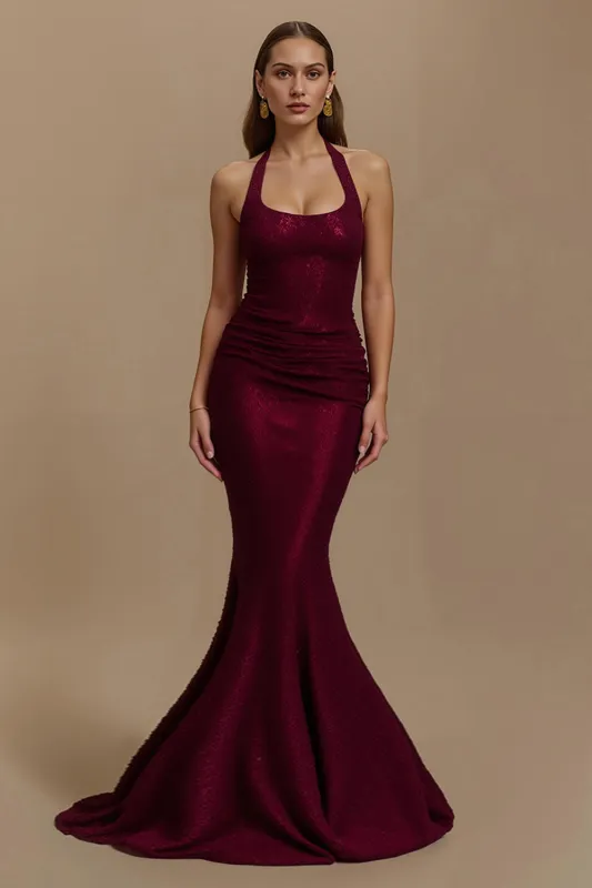 Sparkly Burgundy Halter Mermaid Long Holiday Party Dress sold by Zapaka