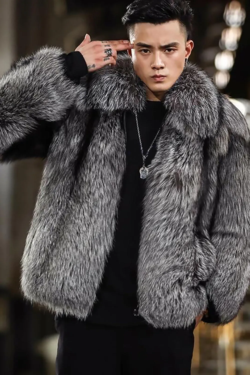 Silver Grey Long Sleeves Men's Faux Fur Coat sold by Zapaka product image thumbnail 2