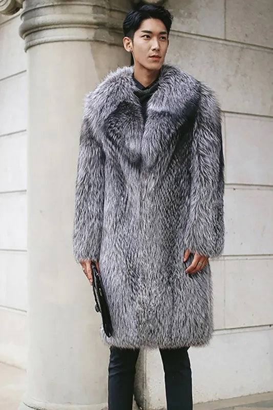 Faux Fur Silver Grey Thickened Lapel Men's Coat sold by Zapaka