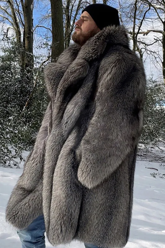 Dark Grey Faux Fur Thickened Lapel Men's Winter Coat sold by Zapaka