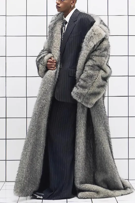 Dark Grey Lapel Faux Fur Men's Long Winter Overcoat sold by Zapaka