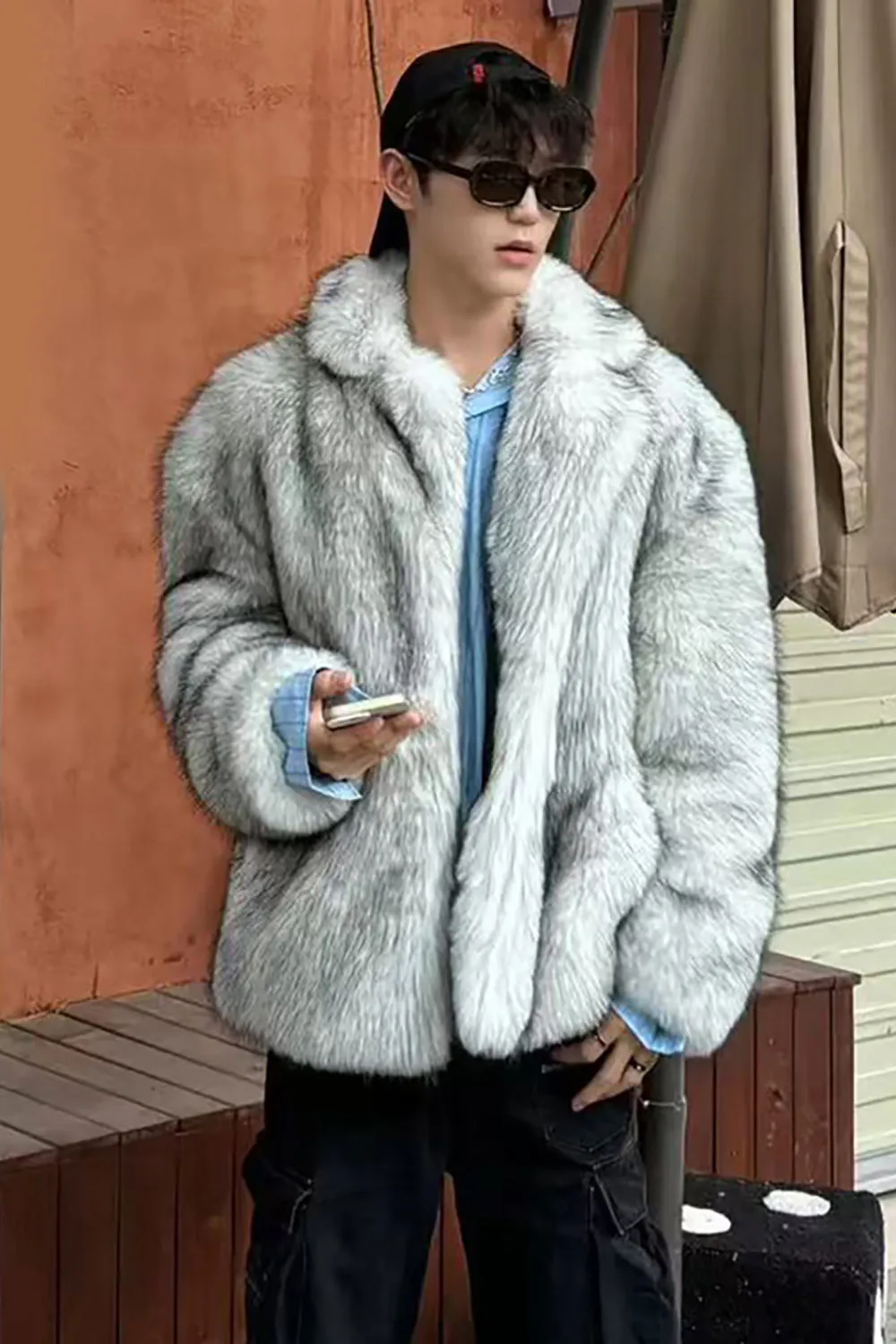 Light Grey Long Sleeves Faux Fur Short Winter Men's Coat sold by Zapaka