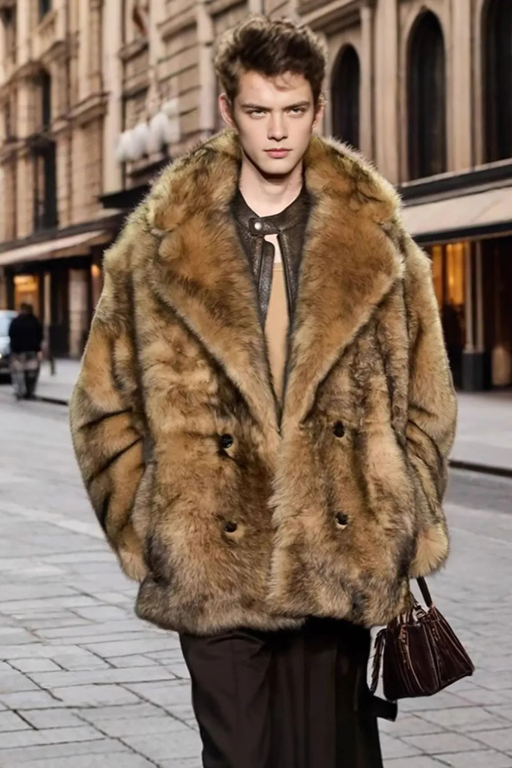 Notched Lapel Camel Long Sleeve Men's Faux Fur Coat sold by Zapaka product image thumbnail 3