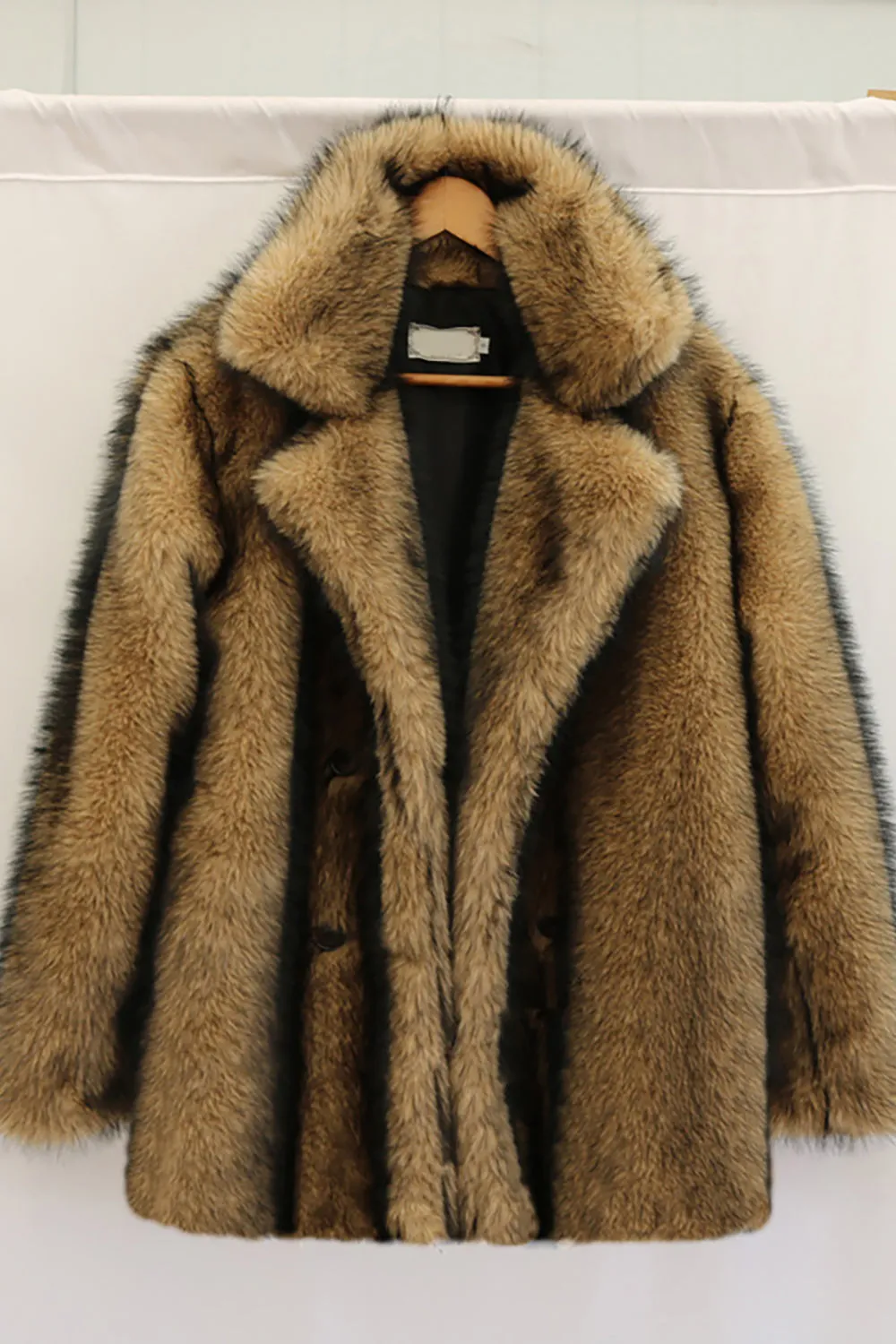 Notched Lapel Camel Long Sleeve Men's Faux Fur Coat sold by Zapaka