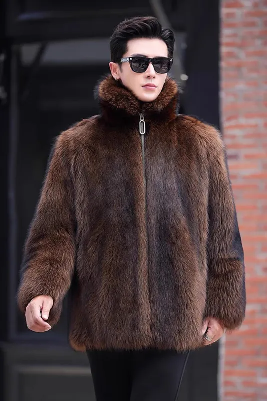 Brown Warm Thickened Faux Fur Short Men's Coat sold by Zapaka