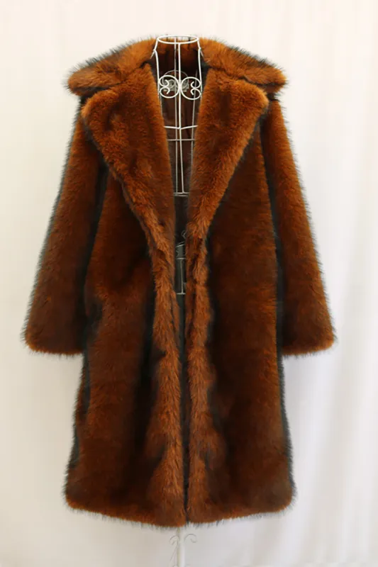 Faux Fur Thickened Lapel Midi Men's Brown Coat sold by Zapaka