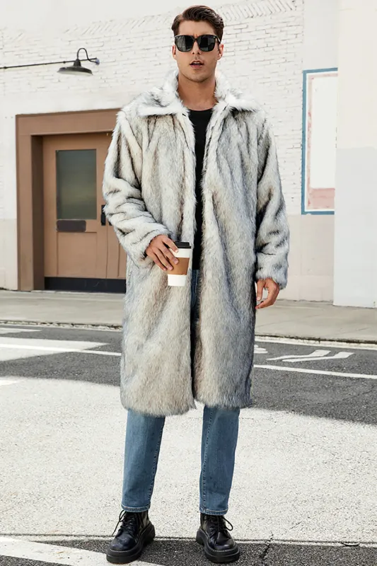 White Grey Warm Faux Fur Thickened Lapel Midi Men's Coat sold by Zapaka