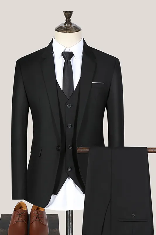 Black Notched Lapel 3 Pieces Slim Fit Men's Formal Suits sold by Zapaka
