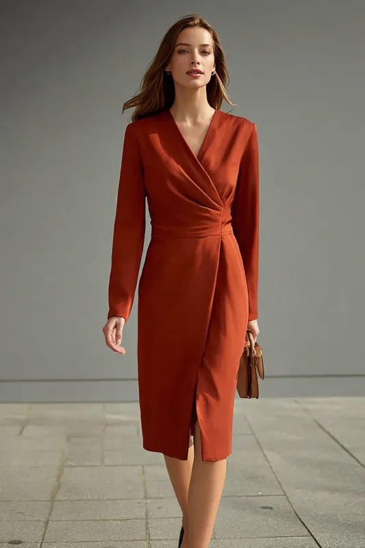 Red V-Neck Sheath Ruched Long Sleeve Work Dress sold by Zapaka