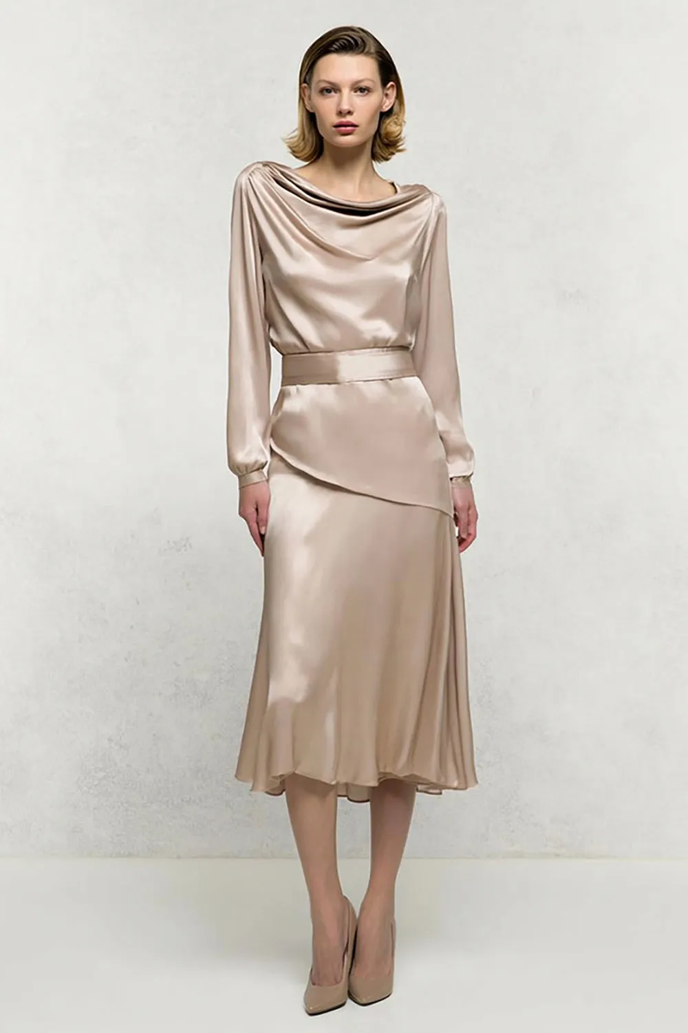 Champagne Cowl Neck Long Sleeve Satin Work Dress sold by Zapaka
