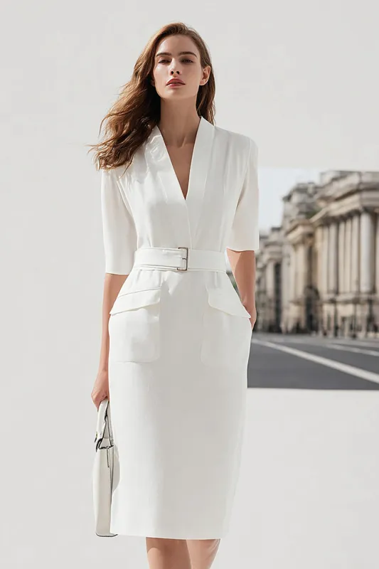 Ivory V-Neck Sheath Half Sleeve Work Dress With Belt sold by Zapaka