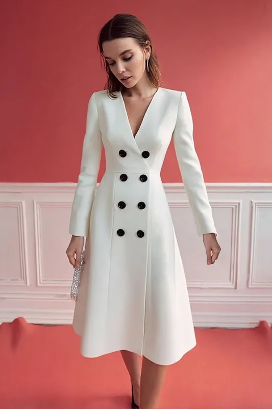 Ivory V-Neck Long Sleeve Double-breasted Work Dress sold by Zapaka