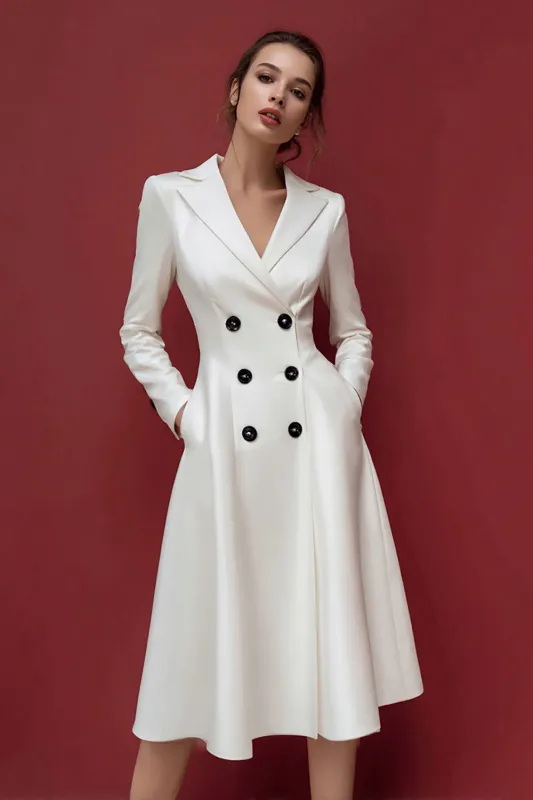 Ivory Satin Double Breasted Notched Lapel Midi Work Dress sold by Zapaka