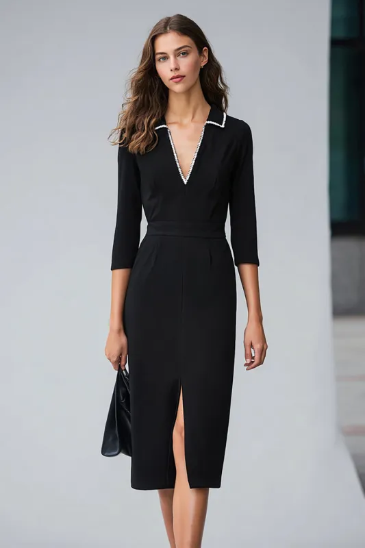 Black V Neck Pencil Midi Work Dress With Slit sold by Zapaka