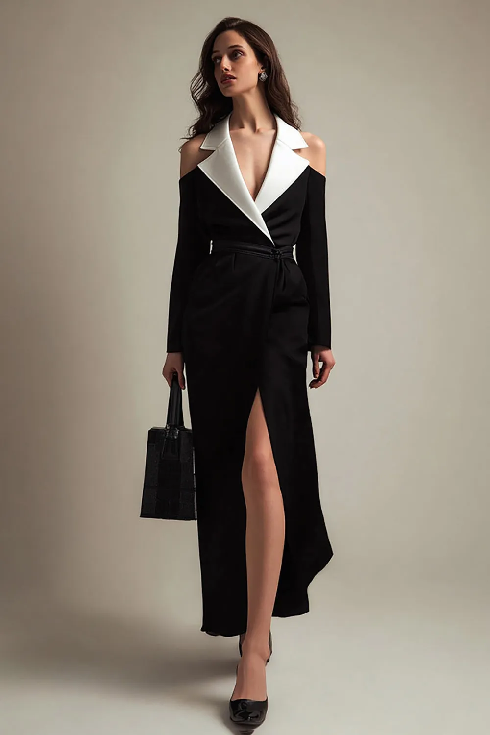 Sheath Notched Lapel Black and White Work Dress With Slit sold by Zapaka