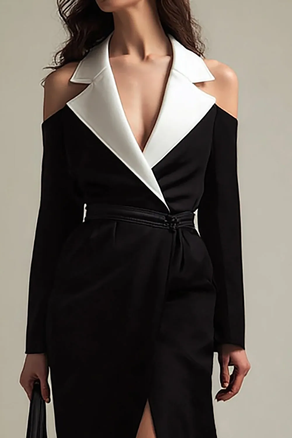 Sheath Notched Lapel Black and White Work Dress With Slit sold by Zapaka product image thumbnail 2
