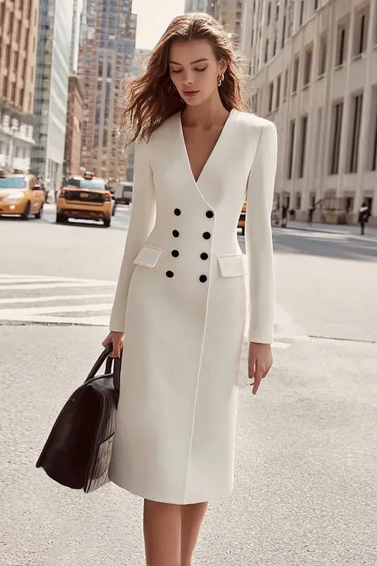 Ivory Double Breasted V Neck Sheath Midi Work Dress sold by Zapaka