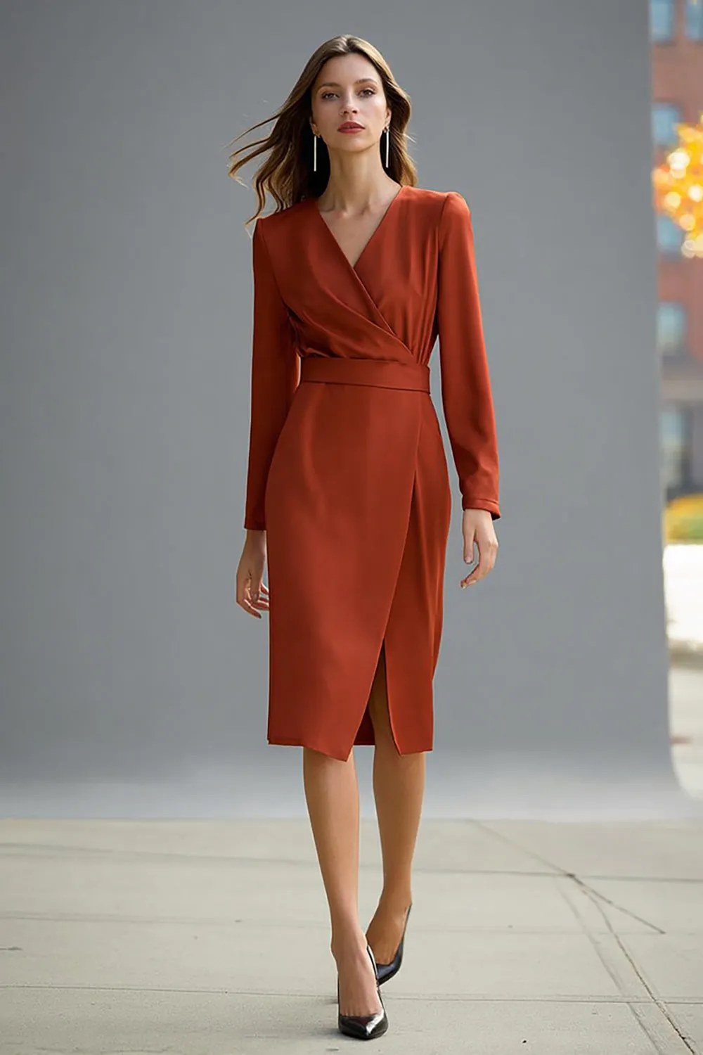 Red V-Neck Sheath Long Sleeve Midi Work Dress sold by Zapaka