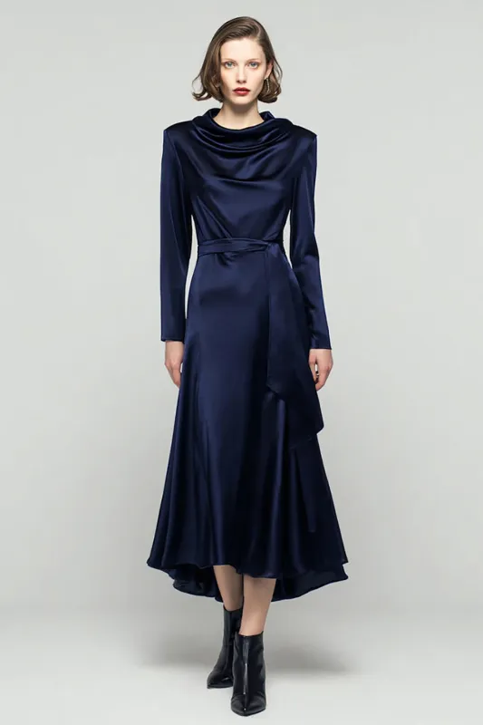 Navy Cowl neck Long Sleeve Work Dress With Belt sold by Zapaka
