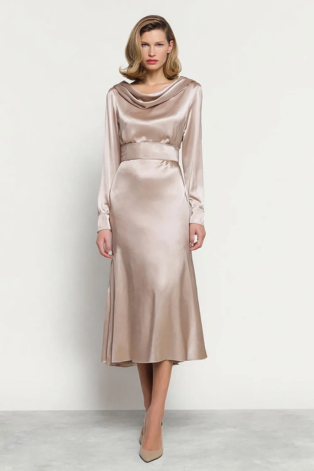 Champagne Cowl Neck Long Sleeve Satin Work Dress sold by Zapaka