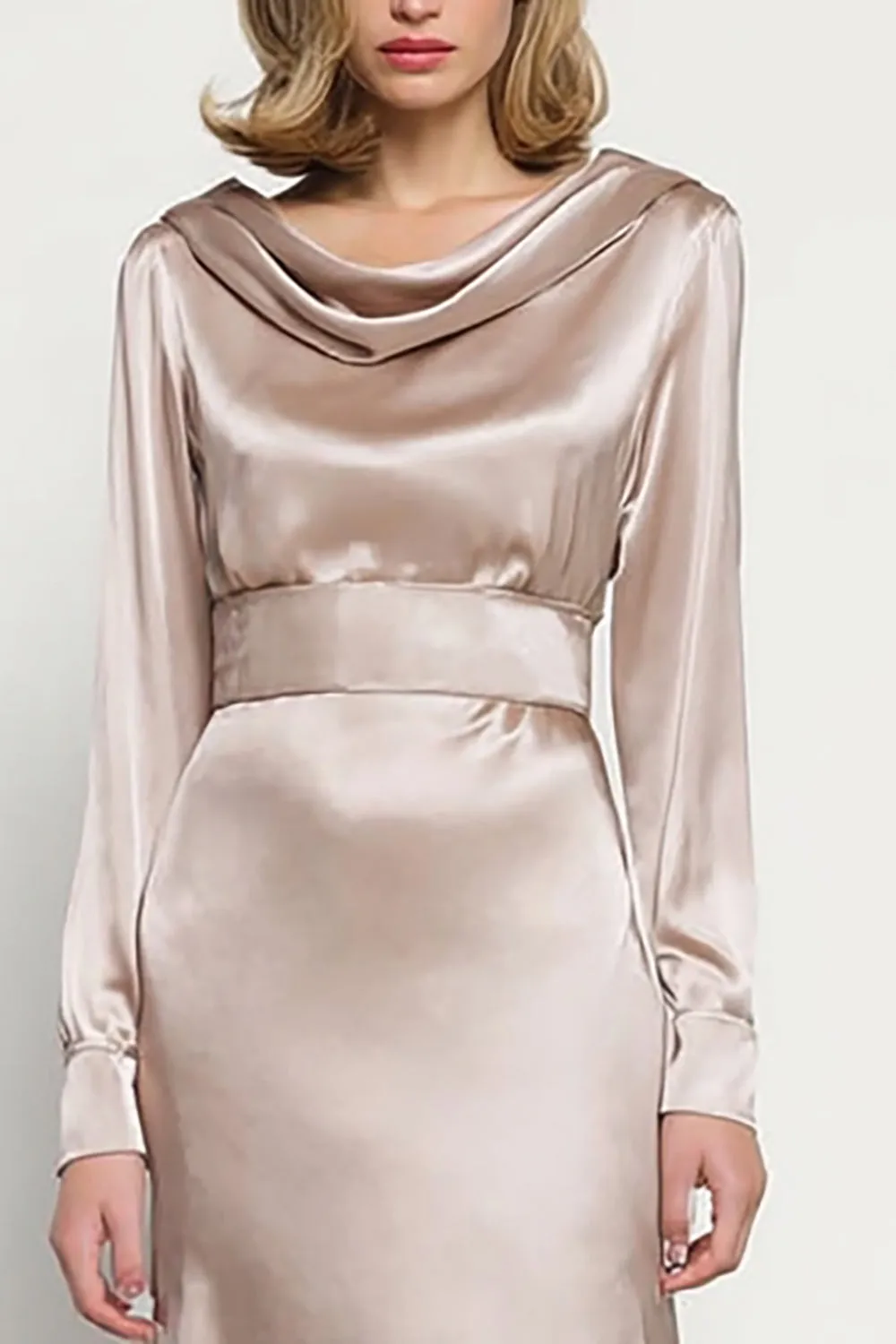 Champagne Cowl Neck Long Sleeve Satin Work Dress sold by Zapaka product image thumbnail 2