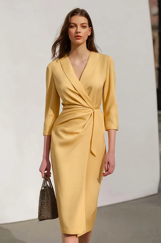 Yellow Shawl Lapel 3/4 Sleeve Ruched Sheath Work Dress sold by Zapaka
