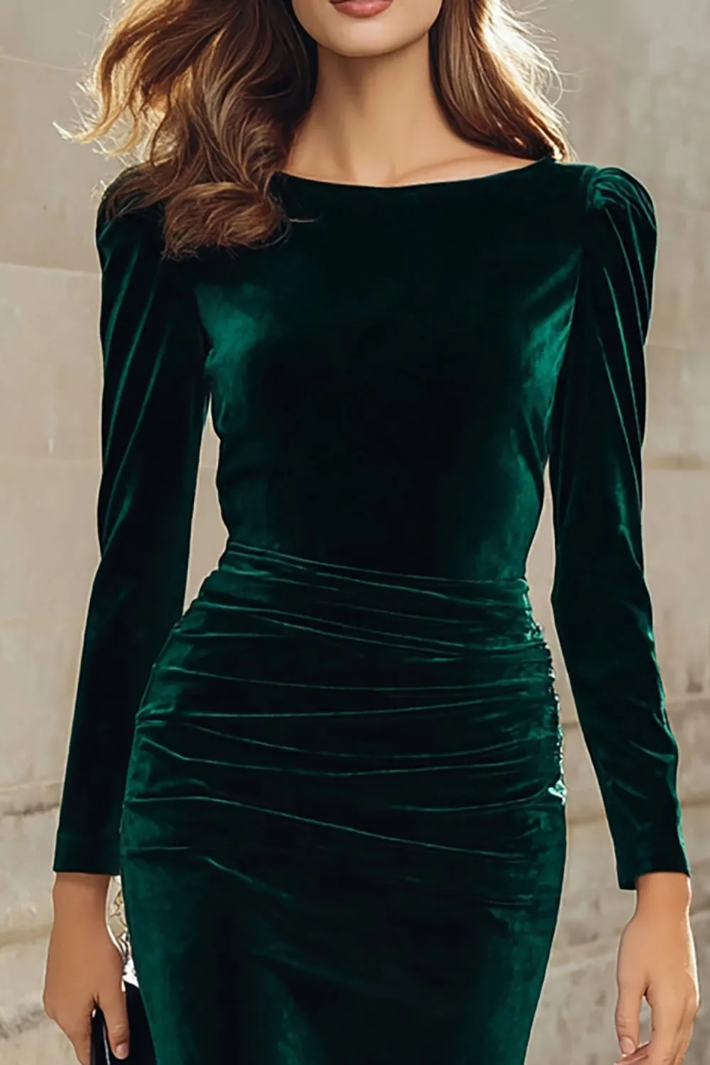 Dark Green Sheath Velvet Long Sleeve Midi Work Dress sold by Zapaka product image thumbnail 2