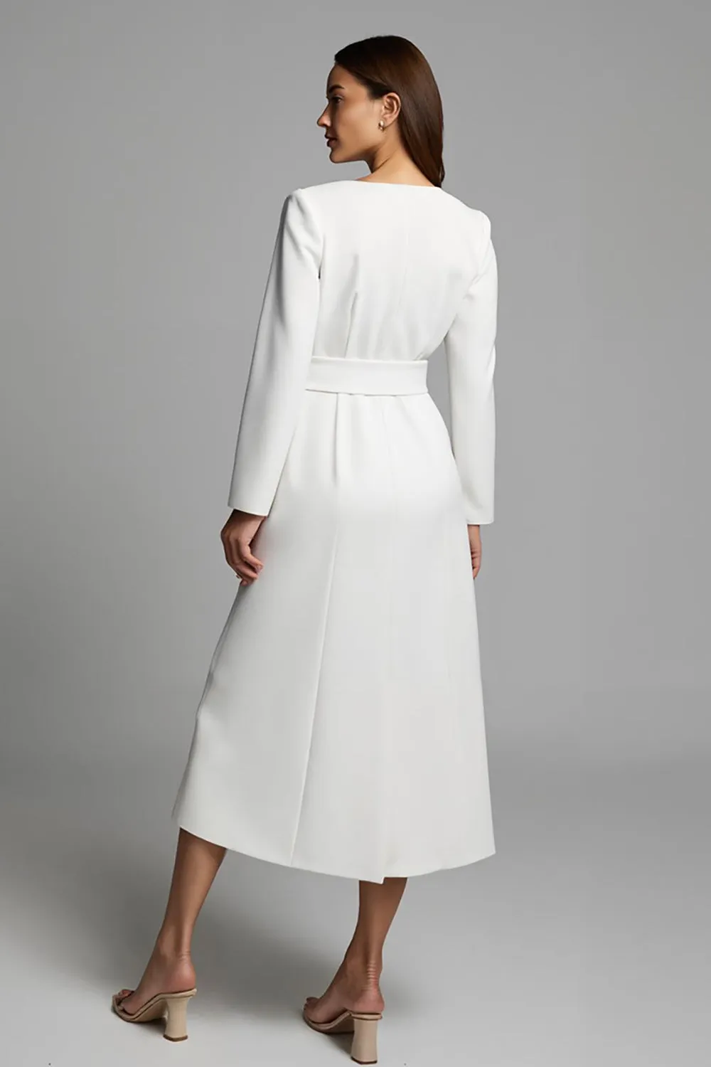 Ivory V-Neck A Line Satin Long Work Dress With Sleeves sold by Zapaka product image thumbnail 2