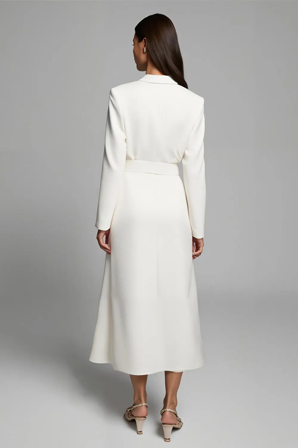 Ivory Notched Lapel A Line Long Blazer Dress With Pockets sold by Zapaka product image thumbnail 2