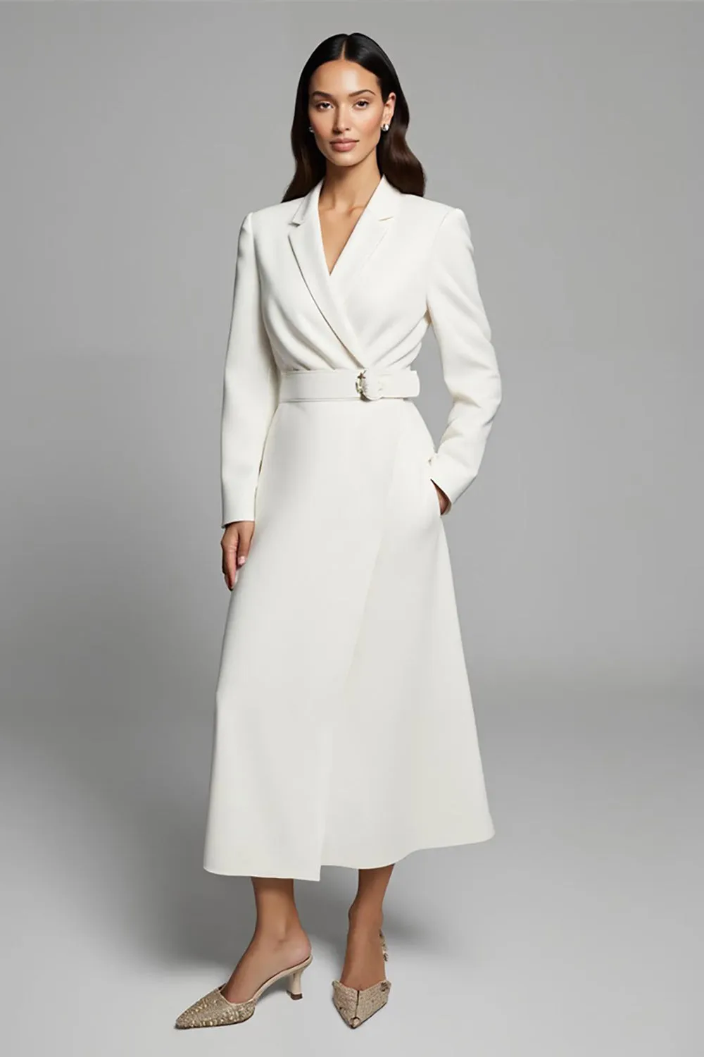 Ivory Notched Lapel A Line Long Blazer Dress With Pockets sold by Zapaka