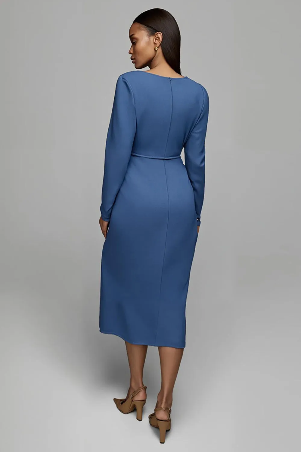 Dusty Blue Ruched Satin Sheath Midi Work Dress With Sleeves sold by Zapaka product image thumbnail 2