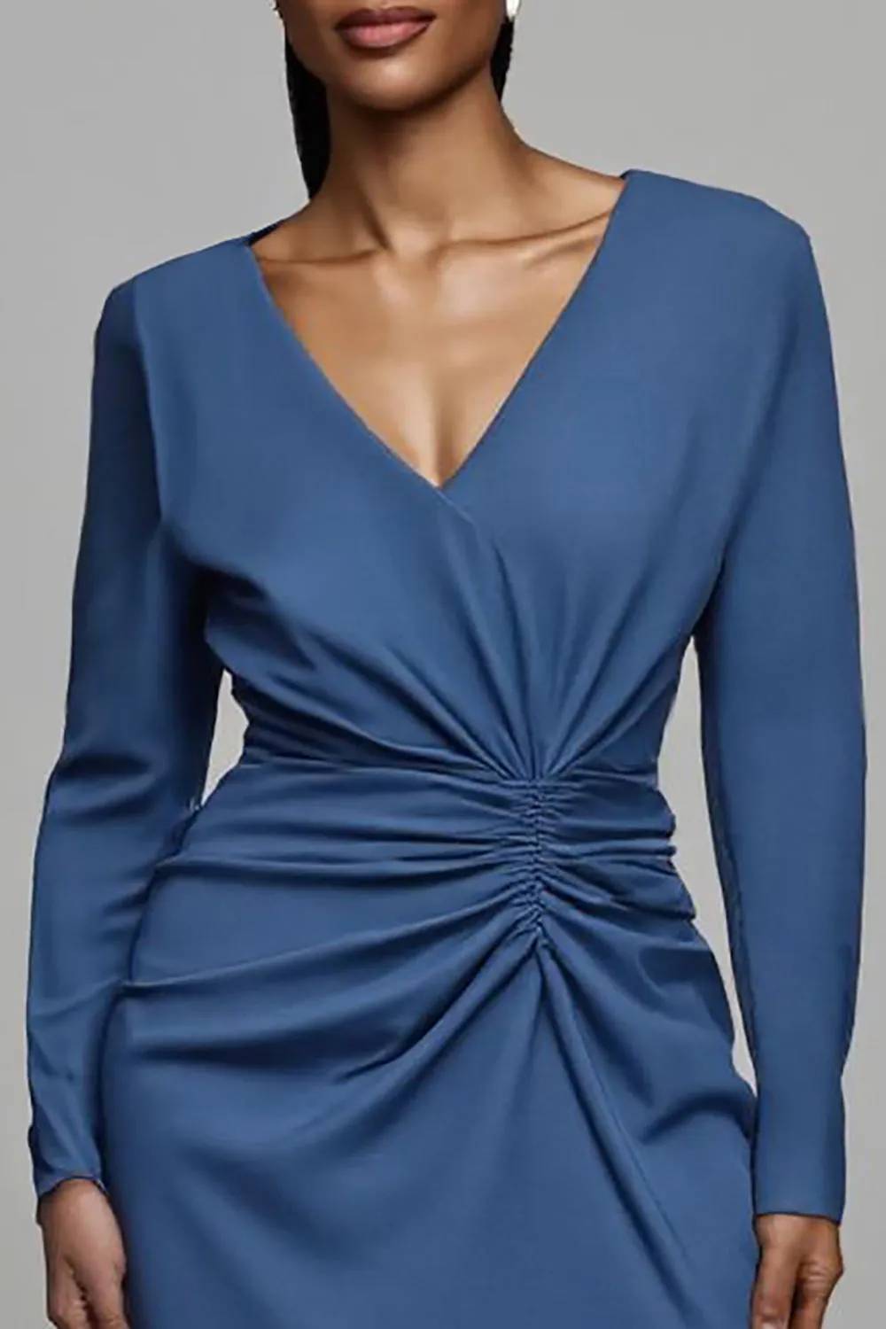 Dusty Blue Ruched Satin Sheath Midi Work Dress With Sleeves sold by Zapaka product image thumbnail 3
